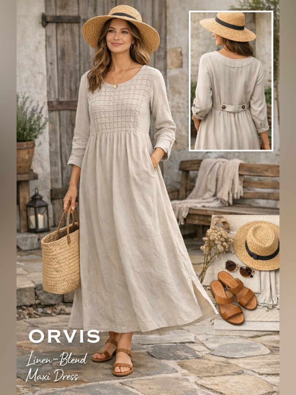 NWT Orvis Linen‑Blend Maxi Dress | Smocked Bodice | Long Sleeve | M